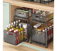 KATLKIU Set di 2 Organizer Sottolavello con Cassetti Estraibili - Scaffale da Cucina Regolabile in Altezza in Acciaio al Carbonio, Stabile e Antiscivolo, Portaoggetti per Cucina, Bagno e Dispensa