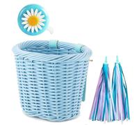 Katnetoly 1 Set di Cestino Anteriore per Bicicletta in Vimini Rattan+Campanello+Nappa+ Accessori per Manubrio Bici per Adulti Intrecciati Regolabili Blu