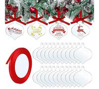 Katnetoly 20 Pezzi 3 Pollici Acrilico Trasparente Ornamenti di Natale Acrilico Natale DIY Tag Nastro Rosso per Tag Decorazione DIY