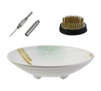 Katnetoly Kit Vaso, Ciotola in Ceramica e Fiore in Metallo Kenzan, con Strumento per Lisciare L'Ago Verde
