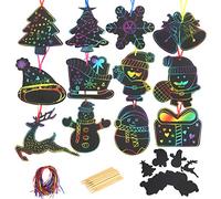 KATOOM Scratch Art Bambini,48 PCS Scratch Art Notes Set e Corda Natale Graffiti Colorati Esercitare l'immaginazione dei Bambini cartoleria Penna di Legno Strumenti per Bambini Regalo