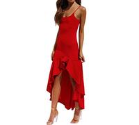 Katpost Abiti da donna sotto il ginocchio da donna estivi casual sciolti senza maniche spalline sottili asimmetrico a strati spiaggia maxi abito lungo con cappuccio abiti midi da donna, Rosso, XXL