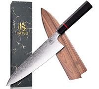 KATSU Coltello da cucina in acciaio damasco, coltello da cucina giapponese, manico in legno ottagonale, guaina in legno e confezione regalo