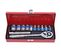 KATSU Set di Chiavi a Bussola 1/2" 12 Pezzi 10-24mm in Cassa d'Acciaio, Unità Metrica con Chiave a Cricchetto a Sgancio Rapido da 24 Denti e Barra di Prolunga da 5" Riparazione automatica 420346
