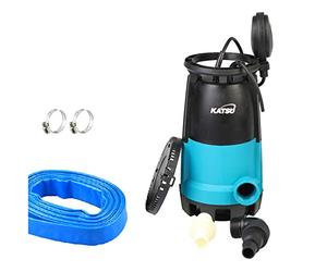 KATSU Tools Pompa Sommersa Professionale per Acque Pulite e Sporche con 10 Metri di Tubo da 1" e Attacco Rapido Base Intercambiabile, Blu, Speciale 400W