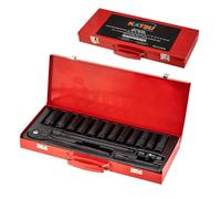 KATSU Tools Set di 16 chiavi a bussola a percussione profonde da 1/2", CR-V, 6 punte, 10-24 mm, chiave a cricchetto a 24 denti, in custodia di metallo, strumento meccanico per fai da te, riparazione