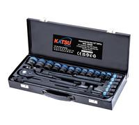 KATSU Tools Set di 24 chiavi a bussola da 1/2", CR-V, 6 punte, 8-32 mm, chiave a cricchetto a sgancio rapido a 72 denti, custodia in acciaio, strumento meccanico per fai da te, riparazione auto