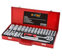 KATSU Tools Set di 24 chiavi a bussola profonde da 1/2", CR-V, 8-32 mm, chiave a cricchetto a 24 denti, custodia in acciaio, strumento meccanico per fai da te, riparazione auto