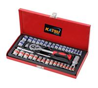 KATSU Tools Set di 40 chiavi a bussola da 1/4" e 3/8", CR-V, 3/16"-3/4" pollici e dimensioni metriche 4,5-19 mm, chiave a cricchetto a 24 denti, custodia in acciaio, strumento meccanico per fai da te