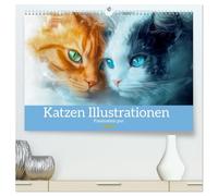 Katzen Illustrationen - Faszination pur (hochwertiger Premium Wandkalender 2026 DIN A2 quer), Kunstdruck in Hochglanz: Elegante Katzen und neugierige Samtpfoten