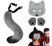 Katzenohren und Schwanz-Set, Ostern Stirnband Set mit Gesichtsaufkleber, Katzenohren katzenschwanz - Plüsch-Ohren, Anti-Plüsch Schwanz & Pfotenhandschuhe aus ABS, komplett for Cosplay & Halloween