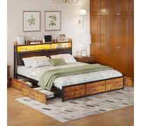 Kauenie Letto in metallo 160 x 200 cm, letto con illuminazione a LED e 4 cassetti, struttura per letto per piccoli appartamenti e amanti della funzionalità, senza materasso (160 x 200)