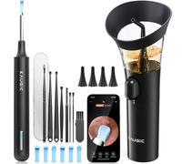 KAUGIC Kit 2 in 1 per la Cura delle Orecchie - Telecamera Auricolare HD 1080P con 6 LED, Irrigatore Manuale per Orecchie con Doppio Serbatoio - Per Adulti, Materiale ABS, Nero