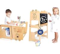 KAUZA Torre Montessoriana 3-in-1 per Bambini da 1 Anno, Trasformabile e Pieghevole in Legno Naturale con Lavagna, Torretta di Apprendimento con Tavolo e Sedia, Sgabello Cucina e Bagno Sicuro