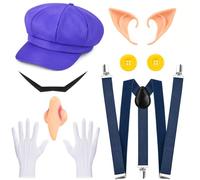 Kavoc Costume da Bros per Halloween, 8 pezzi, include cappello da idraulico, bretelle, guanti, barba, orecchie, naso e bottoni, per uomini e donne