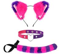 Kavoc Costume da gatto a righe rosa e viola, per ragazze e donne, per la Giornata mondiale del libro, accessori per cosplay, include orecchie da gatto e coda pelosa e girocollo in poliuretano