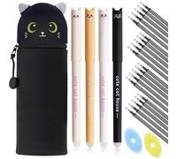 Kawaii Astuccio Scuola 2 in 1 in Morbido Silicone - Gel cancellabile, inchiostro termosensibile (4 Cat Erasable Pen + Black Cat)