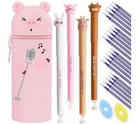 Kawaii Astuccio Scuola 2 in 1 in Morbido Silicone - Gel cancellabile, inchiostro termosensibile (4 Erasable Pen Set + 20 Minen + 2 Radiergummis + Pig)