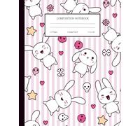 Kawaii Bunny Pink and White Striped Composition Notebook, College Ruled, 7.5" x 9.25"