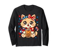 Kawaii Cat Boba Tea Patriotic 4th of July USA Cute Kitten Maglia a Manica