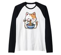 Kawaii Cat Eating Ramen Cartoon Anime Food Japan Lover Maglia con Maniche Raglan