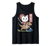 Kawaii Cat Riding T-Rex Arte Giapponese Anime Samurai Cat Canotta
