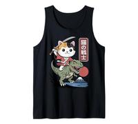 Kawaii Cat Riding T-Rex Arte Giapponese Anime Samurai Cat Canotta