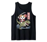 Kawaii Cat Riding T-Rex Arte Giapponese Anime Samurai Cat Canotta
