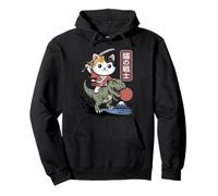 Kawaii Cat Riding T-Rex Arte Giapponese Anime Samurai Cat Felpa con Cappuccio