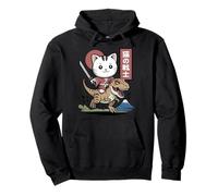 Kawaii Cat Riding T-Rex Arte Giapponese Anime Samurai Cat Felpa con Cappuccio