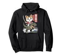 Kawaii Cat Riding T-Rex Arte Giapponese Anime Samurai Cat Felpa con Cappuccio