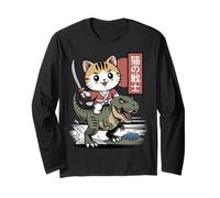 Kawaii Cat Riding T-Rex Arte Giapponese Anime Samurai Cat Maglia a Manica