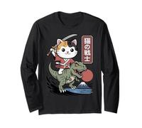 Kawaii Cat Riding T-Rex Arte Giapponese Anime Samurai Cat Maglia a Manica