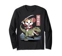 Kawaii Cat Riding T-Rex Arte Giapponese Anime Samurai Cat Maglia a Manica