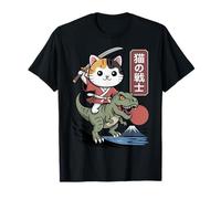 Kawaii Cat Riding T-Rex Arte Giapponese Anime Samurai Cat Maglietta