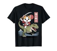 Kawaii Cat Riding T-Rex Arte Giapponese Anime Samurai Cat Maglietta