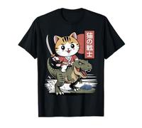 Kawaii Cat Riding T-Rex Arte Giapponese Anime Samurai Cat Maglietta