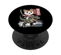 Kawaii Cat Riding T-Rex arte giapponese Anime Samurai Cat PopSockets PopGrip Adesivo