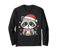 Kawaii Christmas Raccoon Drinking Boba Illustration Maglia a Manica