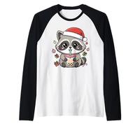 Kawaii Christmas Raccoon Drinking Boba Illustration Maglia con Maniche Raglan