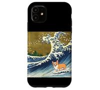 Kawaii Cute Corgi on the Great Wave in Hokusai Style Custodia per iPhone 11
