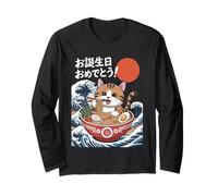 Kawaii Gatto Giapponese Mangia Ramen Noodles Anime Manga Style Maglia a Manica