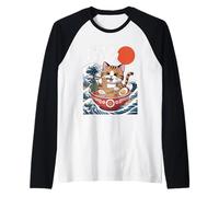 Kawaii Gatto Giapponese Mangia Ramen Noodles Anime Manga Style Maglia con Maniche Raglan