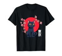 Kawaii Gatto Nero Giapponese E Fiori di Ciliegio Tokyo Giappone Maglietta