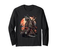 Kawaii Giapponese Samurai Gatto Tatuaggio Grafica Maglia a Manica