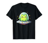 Kawaii Green Space Cat in Carino Astronave UFO Maglietta