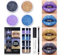 Kawaii Kisses Glitter Lip Kit, 4 Colors Glitter Lip Kit Gloss, Glitter Lip Kit Liquid Lipstick Set, Waterproof Smudge Proof, Glitter Lips Makeup with Lip Primer and Brush (#02)