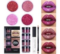 Kawaii Kisses Glitter Lip Kit, 4 Colors Glitter Lip Kit Gloss, Glitter Lip Kit Liquid Lipstick Set, Waterproof Smudge Proof, Glitter Lips Makeup with Lip Primer and Brush (#01)