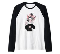 Kawaii Kitten Girl Winking Peace Sign Rosa Occhiali Grafica Maglia con Maniche Raglan