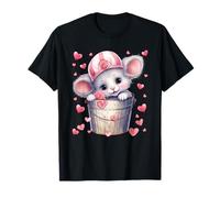 Kawaii Mouse in Valentines Basket for Girls Cute Heart Maglietta